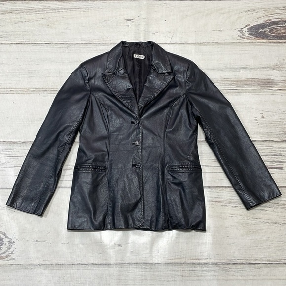 BCBGMAXAZRIA Jacket Women's 12 Black Leather Collar Buttons Pockets Blazer - Picture 12 of 17